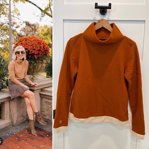 Cozy Dudley Stephen’s fleece turtleneck in orange with cream trim M - Picture 1 of 8